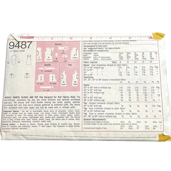 Vtg 1970s Simplicity Sewing Pattern 9487 Shorts Blouse Retro  Size 12 Bust 34 u - Picture 4 of 5